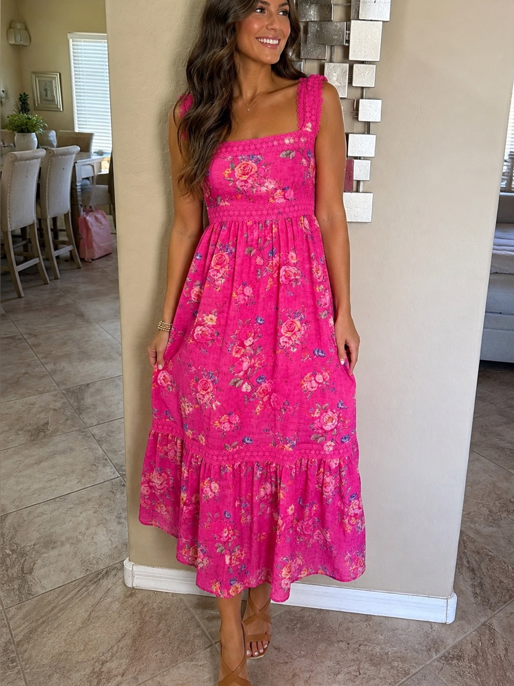 Impressions Hot Pink Floral Maxi Sundress with Crochet Straps